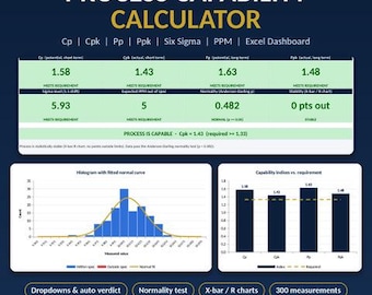 Pode incluir: Um modelo de painel Excel para calculadora de capacidade de processo com tabelas de dados para métricas Cp, Cpk, Pp e Ppk. Inclui um histograma com curva normal, um gráfico de barras para índices de capacidade e etiquetas Six Sigma, PPM e X-bar/R.