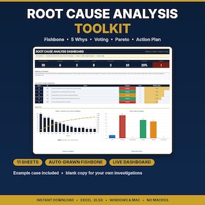 Peut inclure: Un modèle numérique Root Cause Analysis Toolkit présentant un tableau de bord avec énoncé de problème, causes racines et graphiques analytiques. Inclut 11 feuilles, fishbone automatique et tableau de bord live pour Excel .xlsx.