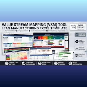 May include: A Value Stream Mapping VSM tool lean manufacturing Excel template featuring a dashboard, current state VSM, and capacity analysis charts. The digital interface displays various data tables, bar graphs, and process metrics in a professional layout.