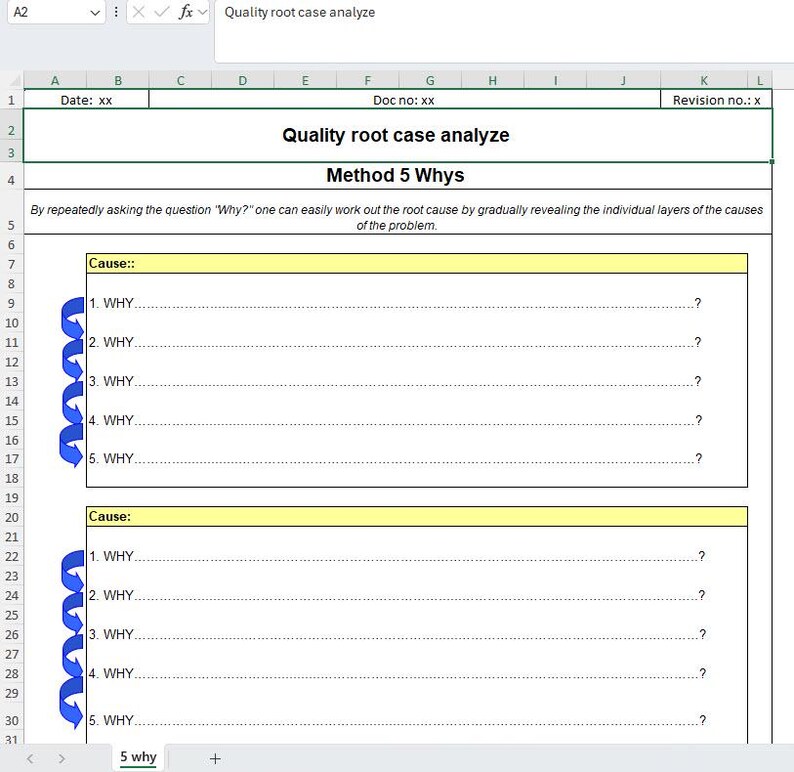 5 Why Analysis Excel Template: Root Cause Problem-solving (digital ...