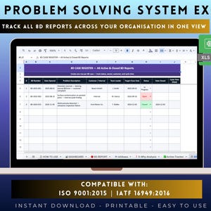 Może przedstawiać: Ekran laptopa wyświetlający arkusz kalkulacyjny Excel systemu rozwiązywania problem&oacute;w 8D. Interfejs pokazuje rejestr spraw z kolumnami dla identyfikator&oacute;w, dat, opis&oacute;w, klient&oacute;w i status&oacute;w. Tekst zawiera 8D PROBLEM SOLVING SYSTEM EXCEL.