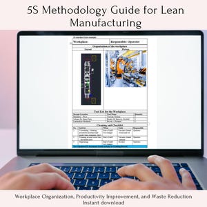 May include: A laptop screen displaying a 5S methodology guide for lean manufacturing. The guide includes a workplace layout, a tool list, and a cleaning checklist. The text on the screen reads "5S Methodology Guide for Lean Manufacturing".