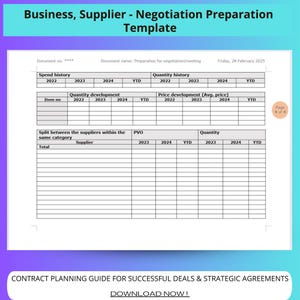 Peut inclure: Un modèle de préparation à la négociation commerciale imprimable avec des sections pour l'historique des dépenses, le développement des quantités, l'historique des quantités, l'évolution des prix, le PVO et la quantité. Le modèle comprend des colonnes pour 2022, 2023, 2024 et YTD.