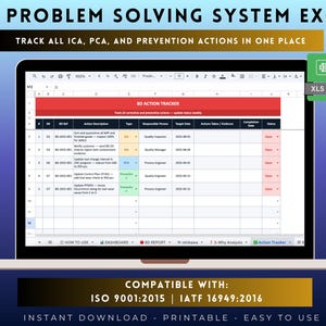 Może przedstawiać: Ekran laptopa wyświetlający arkusz kalkulacyjny Excel dla systemu rozwiązywania problem&oacute;w 8D z tabelą śledzenia działań. Interfejs zawiera kolumny z opisem działań, osobą odpowiedzialną i statusem. Widoczna jest ikona pliku XLS.