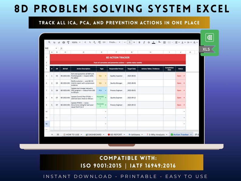Może przedstawiać: Ekran laptopa wyświetlający arkusz kalkulacyjny Excel dla systemu rozwiązywania problem&oacute;w 8D z tabelą śledzenia działań. Interfejs zawiera kolumny z opisem działań, osobą odpowiedzialną i statusem. Widoczna jest ikona pliku XLS.