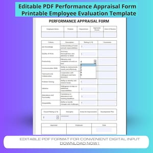 Performance Appraisal Form Editable PDF | Printable Employee Evaluation Template, HR materials, employee training, small business management