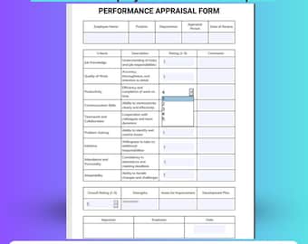 Performance Appraisal Form Editable PDF | Printable Employee Evaluation Template, HR materials, employee training, small business management