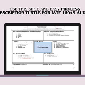 May include: A laptop screen displaying a process description template for IATF 16949 audits. The template is divided into sections for "What", "Who", "Input", "Activity - Process", "Output", "Why", "How/Methodology", "Process Owners", and "Approved By". The "Activity - Process" section is labeled "Maintenance".