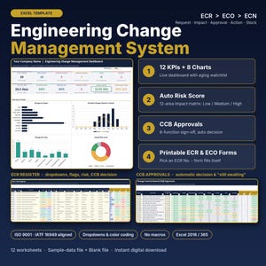 Puede incluir: Una plantilla de Excel para el sistema de gestión de cambios de ingeniería con un panel de 12 KPI y 8 gráficos, un registro ECR con menús desplegables y un rastreador de aprobaciones CCB, incluyendo riesgos y formularios.