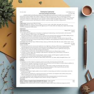 May include: A CV titled "Firstname Lastname" for a Full-Stack Software Developer. The document includes contact details, skills, experience, projects, and education. A coffee cup and pen are visible in the background.