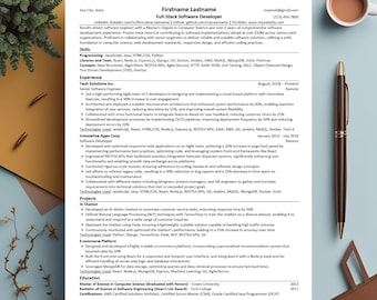 ATS Friendly Modern Full Stack Developer Resume Template for MS Word, Professional CV Resume, Cover Letter, Editable, Instant Download