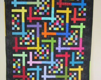 Back Track Quilt - Bright colors on Black  70 x 93