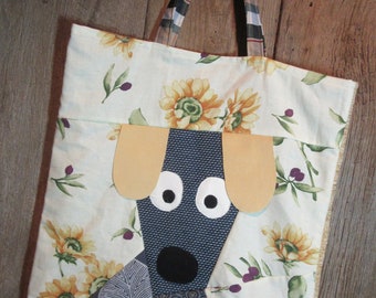 Happy Blue Puppy Dog Book Bag - Dog Market Bag - Dog Tote Bag