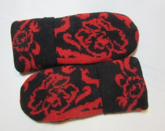 Black and Red Sweater Mittens - Women's Wool Mittens