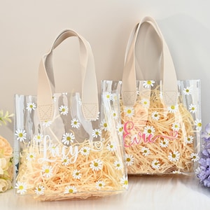 Sac marguerite pour demoiselle d'honneur, pochette cadeau fille d'honneur, cadeaux personnalisés pour demoiselle d'honneur, sac cadeau transparent personnalisé, proposition de demoiselle d'honneur personnalisée