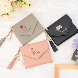 Personalized Women's Birth Flower Wallet, Custom Name Leather Wallet, Custom Wallet for Wife, Gift For Bridesmaids, Unique Birthday Gift
