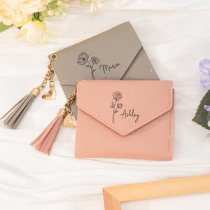 Custom Birth Flower & Name Wallet, Personalized Leather Wallet for Women, Gifts for Her, Purse With Tassel, Bridesmaid Gifts, Wedding Gift