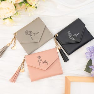 Personalized Leather Wallet for Women, Custom Birth Flower Wallet with Name, Bridesmaid Gift, Valentine's Day Gifts for Her,Custom Gifts