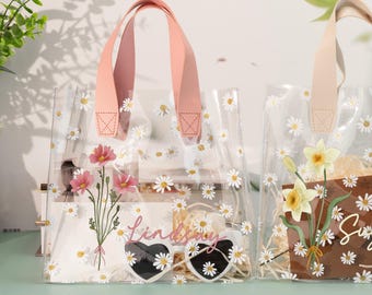 Gänseblümchen-Blumen-Mädchen-Tasche, personalisierte klare Geschenk-Tasche, kundenspezifische Geburts-Blumen-Tasche, Brautjungfer Vorschlag Geschenk-Tasche