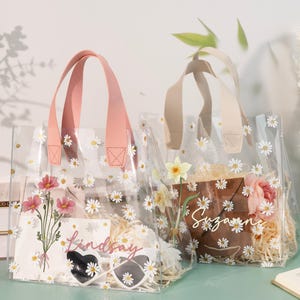 Gänseblümchen Tasche für Blumenmädchen, Blumenmädchen-Geschenk-Tasche, personalisierte transparente Geschenktasche, kundenspezifische Geburtsblumen-Geschenktasche, kundenspezifischer Brautjungfer-Vorschlag