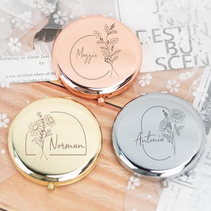 Personalized Name Mirror with Birthday Flowers, Customized Pocket Mirror,Bridesmaid Gift, Bridal Party Gift, Birthday Gift,Mother&#39;s Day gift
