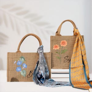 Personalized Tote Bags with Scarf, Bridesmaid Burlap Tote Bags, Wedding Gift Bag with Name Scarf, Bachelorette Party Bags, Mothers Day Gifts