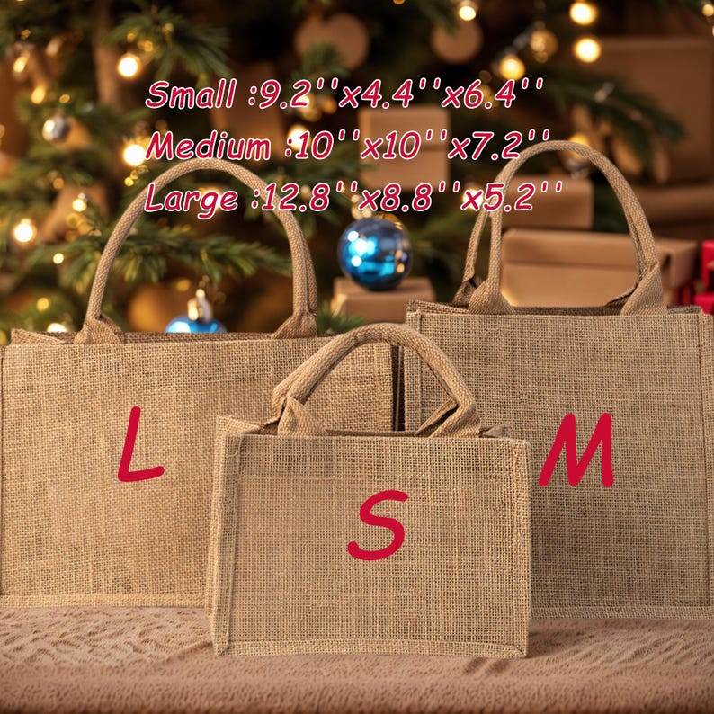 May include: Three burlap tote bags of varying sizes, labeled S, M, and L in red. The small bag measures 9.2" x 4.4" x 6.4", the medium bag is 10" x 10" x 7.2", and the large bag is 12.8" x 8.8" x 5.2". Each bag has a handle.