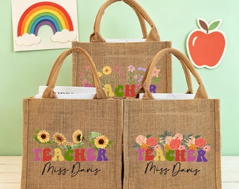 Bolso de mano personalizado para profesores, regalo de yute a medida, bolso de agradecimiento para profesores, regalo de vuelta al cole para educadores.