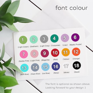 May include: A white card displays a color chart with 18 numbered circles, each with a different color and name. The text "font colour" is at the top. The bottom text reads "The font is optional as shown above. Looking forward to your design :)"