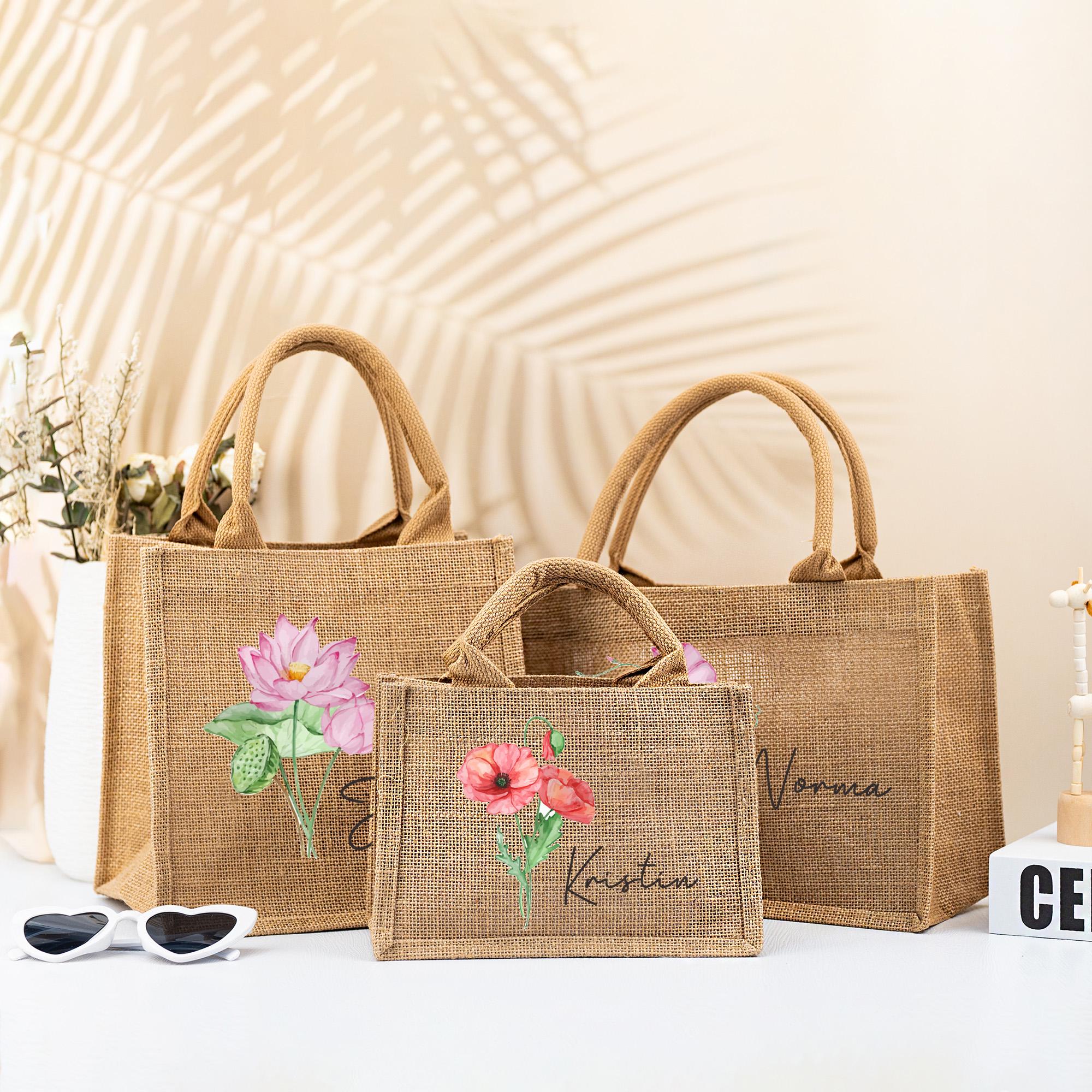 Personalized Burlap Tote Bags, Wedding Gift Bags, Birth Flowers