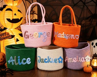 Personalized Halloween Candy Basket, Plaid Cotton Trick or Treat Bag, Kids Storage Gift