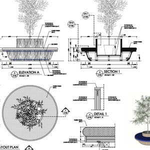 May include: A technical architectural drawing of a circular tree planter with integrated seating. The document includes an elevation view, a cross-section, a layout plan, and construction details, specifying plywood with woodgrain and fabric finishes.