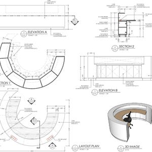 Może przedstawiać: Techniczny rysunek architektoniczny zakrzywionej lady recepcyjnej zawierający widoki elewacji, przekroje, plan układu i wizualizację 3D. Projekt obejmuje sklejkę z laminatem drewnopodobnym, białe powierzchnie z litego materiału oraz gniazdka elektryczne.