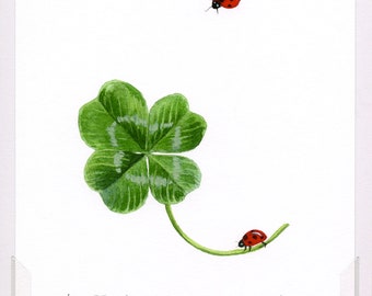 Watercolor, Four Leaf Clover, and Lady Bug, Good Luck Gift,Art Print, 4 Leaf Clover, Graduation Gift,Housewarming gift, watercolor art print