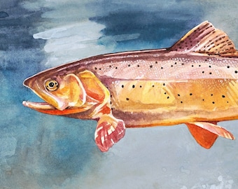 Yellowstone, Cutthroat Trout, Fly Fishing Art, Trout Art, Fish Wall Art, Trout Watercolor, Lake House Decor, Rustic Cabin Decor,Fishing Gift