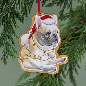 French Bulldog, Christmas Ornament, Wood Tree Ornament, Handmade, Watercolor Art, Dog Ornament, French Bulldog Gift
