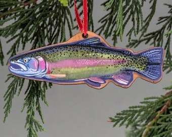 Rainbow Trout, Wood, Christmas, Tree Ornament, Handmade, Fly Fishing, Watercolor, Fish Ornament,