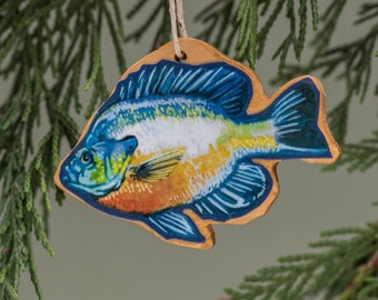 Bluegill, Wood, Christmas, Tree Ornament, Handmade, Watercolor, Fish Ornament, Fishing Gift, Stocking Stuffer, Fishing Decor