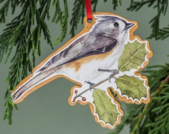 Songbird, Christmas Ornament, Watercolor Bird, Handmade, Wood Tree Ornament, Tufted Titmouse, on Holly