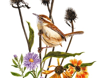 May include: A watercolor painting of a brown wren perched on a branch with purple and yellow wildflowers. The background is white.