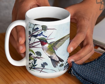 Ruby Throated Hummingbird Coffee Mug 15oz, Hummingbird Mug, Bird Art, Gift for Her, Hummingbird Art, Hummingbird Lover, Bird Lover Gift