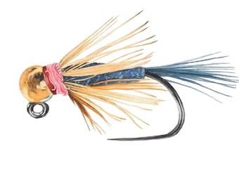 Puede incluir: Ilustración en acuarela de un señuelo de pesca con mosca Blue Dart. La mosca presenta una cabeza de cuentas doradas, detalles en rosa y azul y un anzuelo negro. El texto "Blue Dart" está debajo.