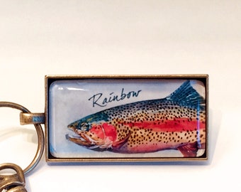 Truite arc-en-ciel, porte-clé, aquarelle de truite, art de la truite, art de la pêche, pêche à la mouche, fait main, porte-clé truite, porte-clé de pêche, cadeau de pêche
