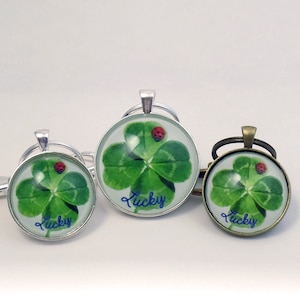 Four Leaf Clover, and, Ladybug, Keychain, Handmade Keychain, Watercolor, Good Luck Keychain, 4 Leaf Clover, Clover Keychain, Good Luck Charm
