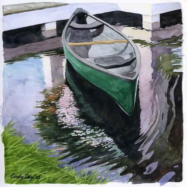 Canoe, in the, Lake, Watercolor, Painting, Nature, Summer, Landscape, Print, "Boat Reflections" by Cindy Day
