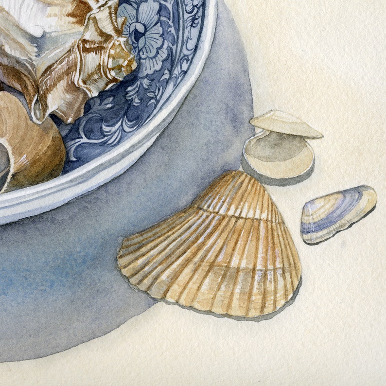 Seashell Watercolor, Blue and White, Chinoiserie Art, 5x7 Watercolor,Seashell Art,Chinoiserie Watercolor,Beach House Decor,Coastal Wall Art, image 3