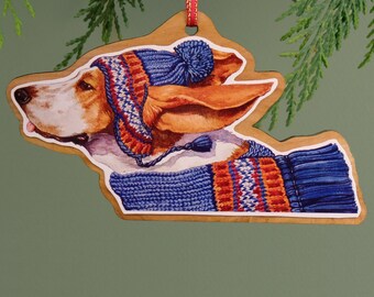 Bassett Hound Ornament, Bassett Hound Art,Wood Ornament,Christmas Ornament,Watercolor Dog Art, Handmade Ornament, Pet Ornament, Dog Ornament