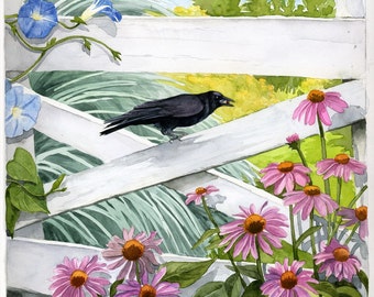 Watercolor, Blackbird ,Nature, Botanical, Painting, Art, Print, Wall Decor "Blackbird Morning"