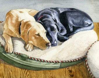 Gelber und schwarzer Labrador Hund Giclée-Druck ""Faithful Friends"" 11 "x 14"