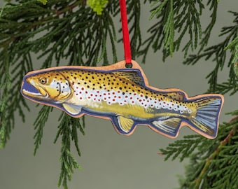 Brown Trout, Wood Tree Ornament, Christmas, Fly Fishing, Handmade, Watercolor, Fish Ornament